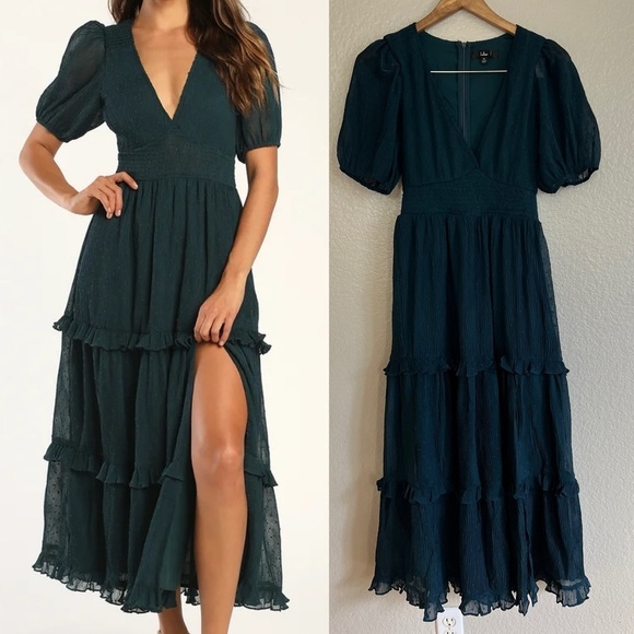 NWOT Tier to Please Dark Teal Puff Sleeve Swiss Dot Midi Dress